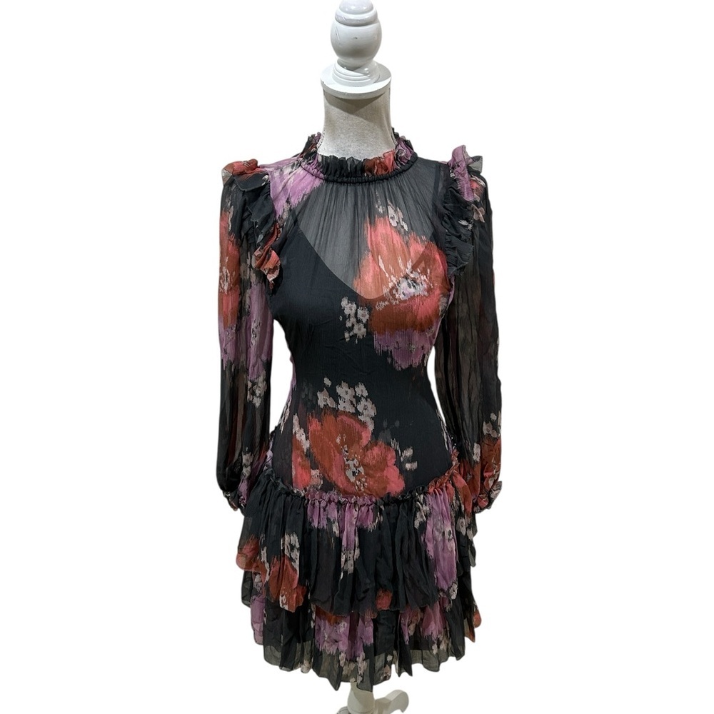 NWT unsubscribed Floral Long Sleeve sheer floral Dress tie belt ruffle black 8